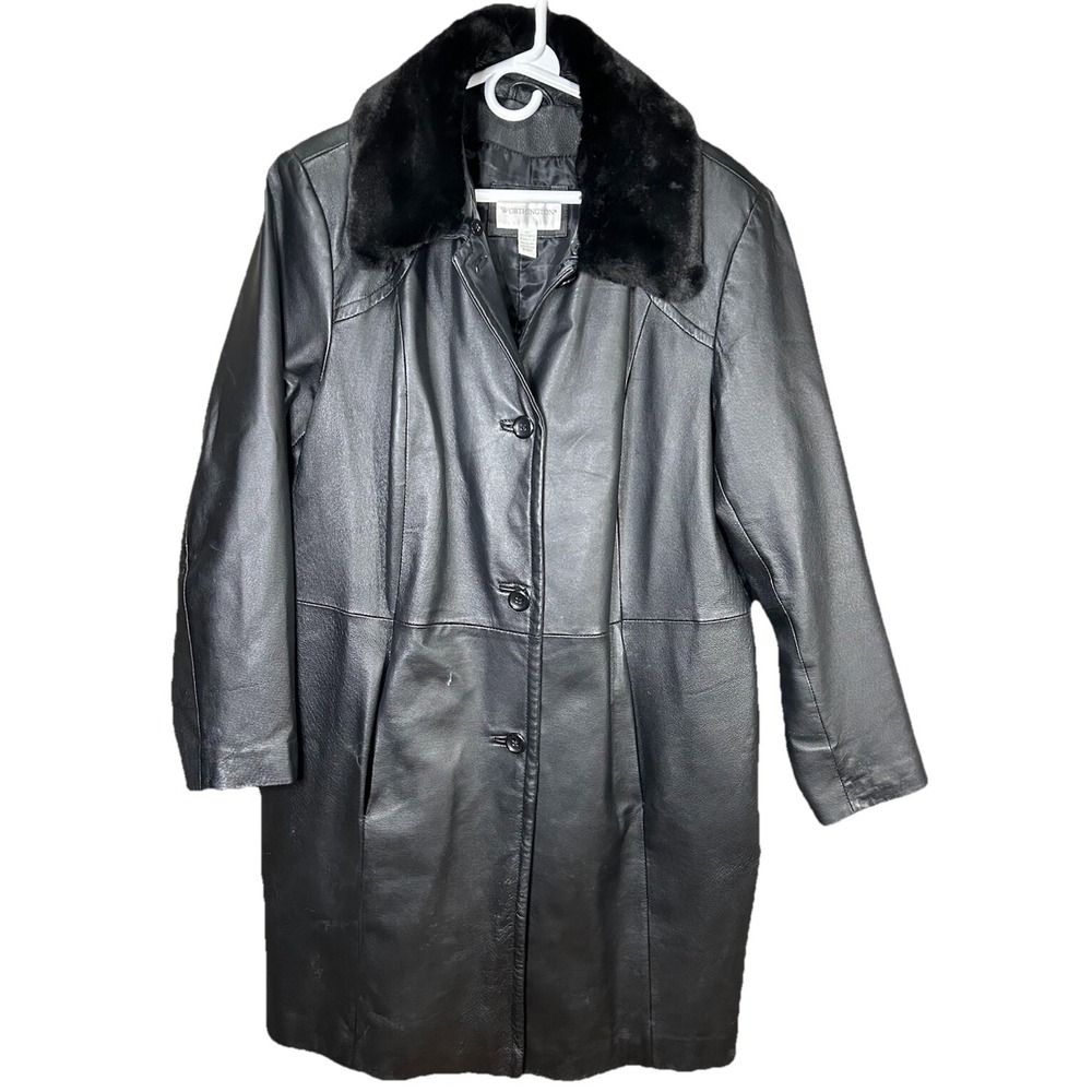 Worthington Leather Jacket Women's Size 1XL Faux Fur Collar‎ Full Zip Black